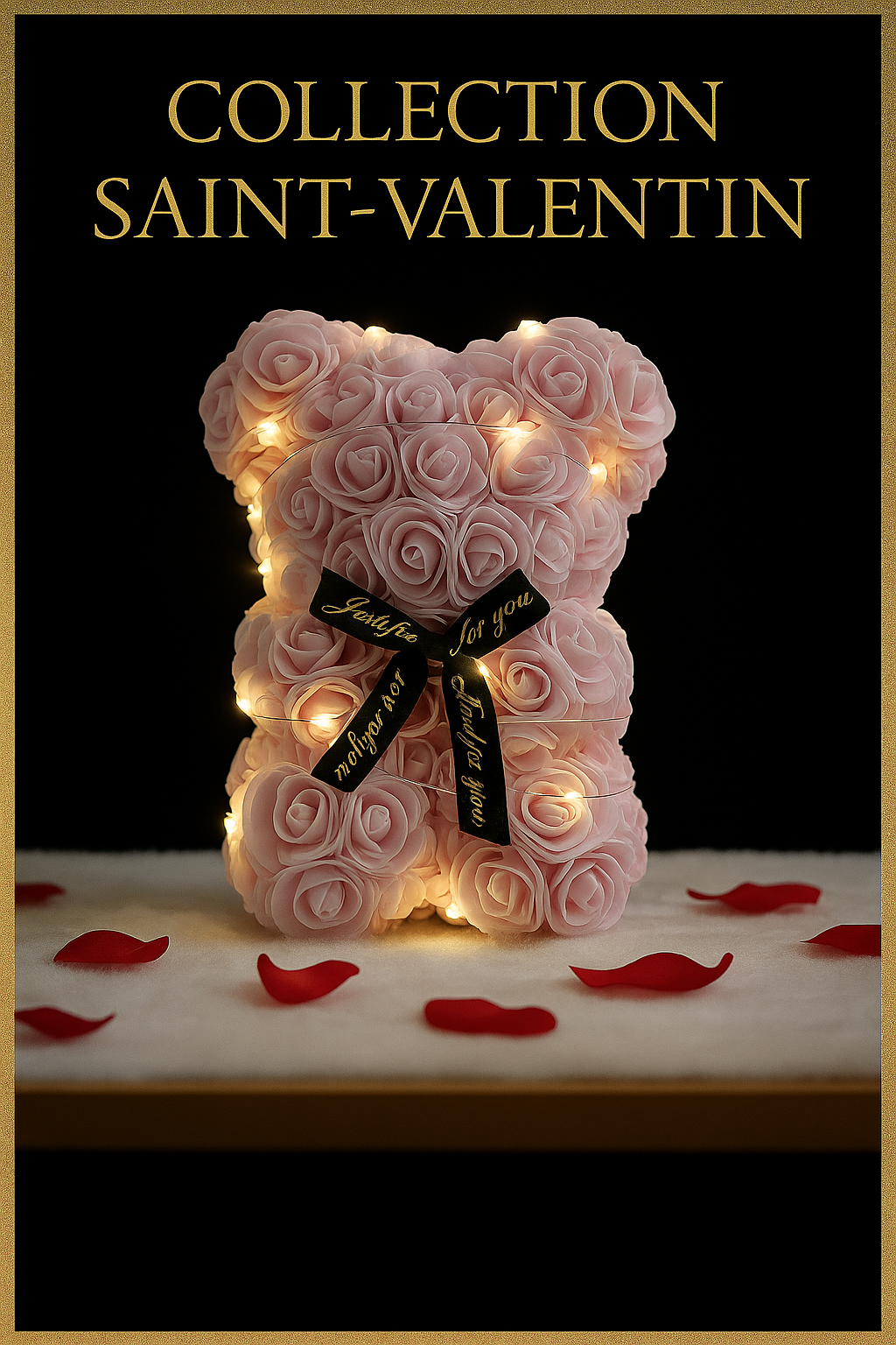 Ourson Lumineux en Roses Artificielles 25cm avec Boîte Cadeau - Cadeau Romantique Saint Valentin