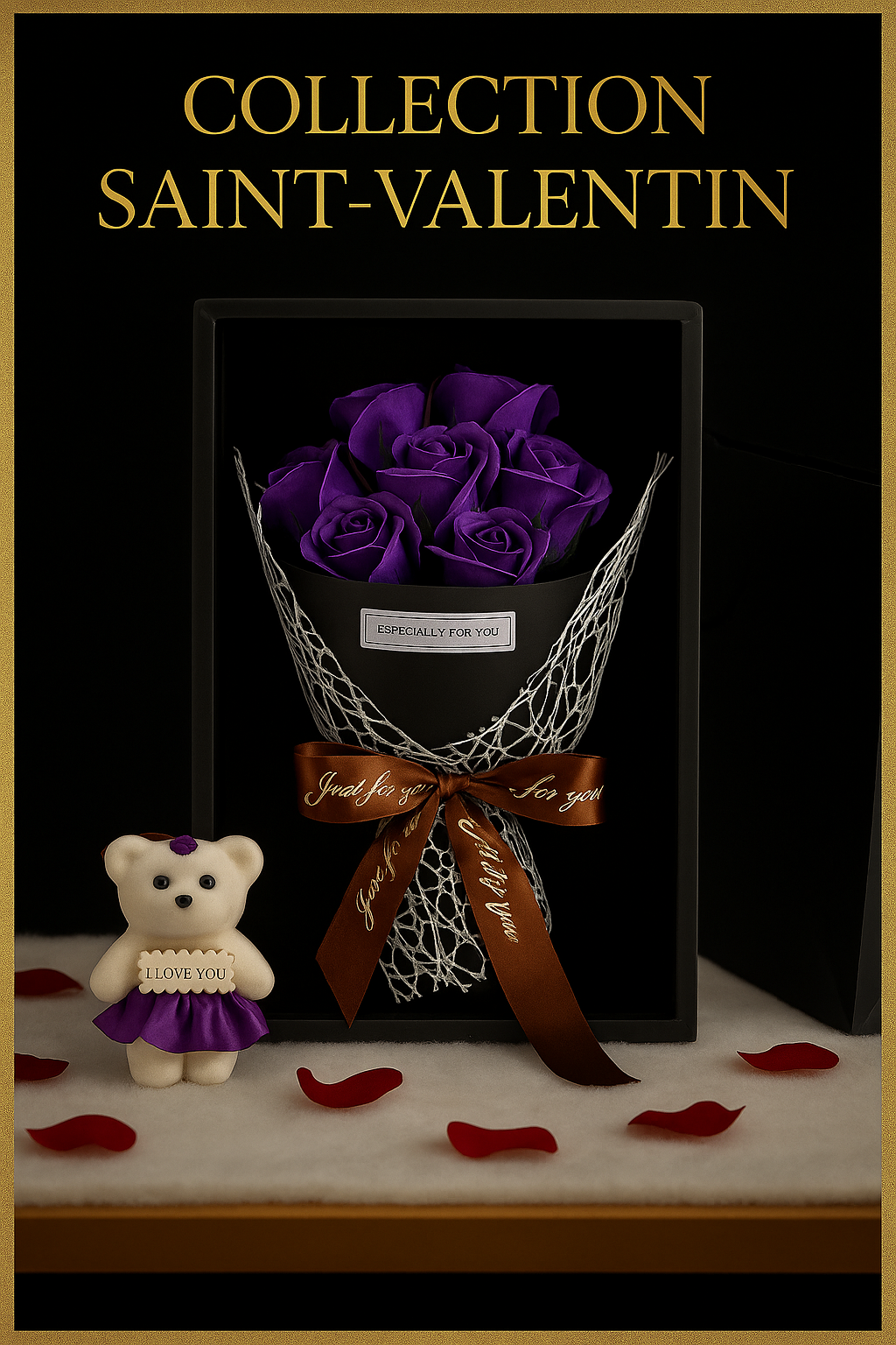 Bouquet de 7 Roses Artificielles avec Petit Ourson en Coffret Cadeau - Cadeau Saint Valentin