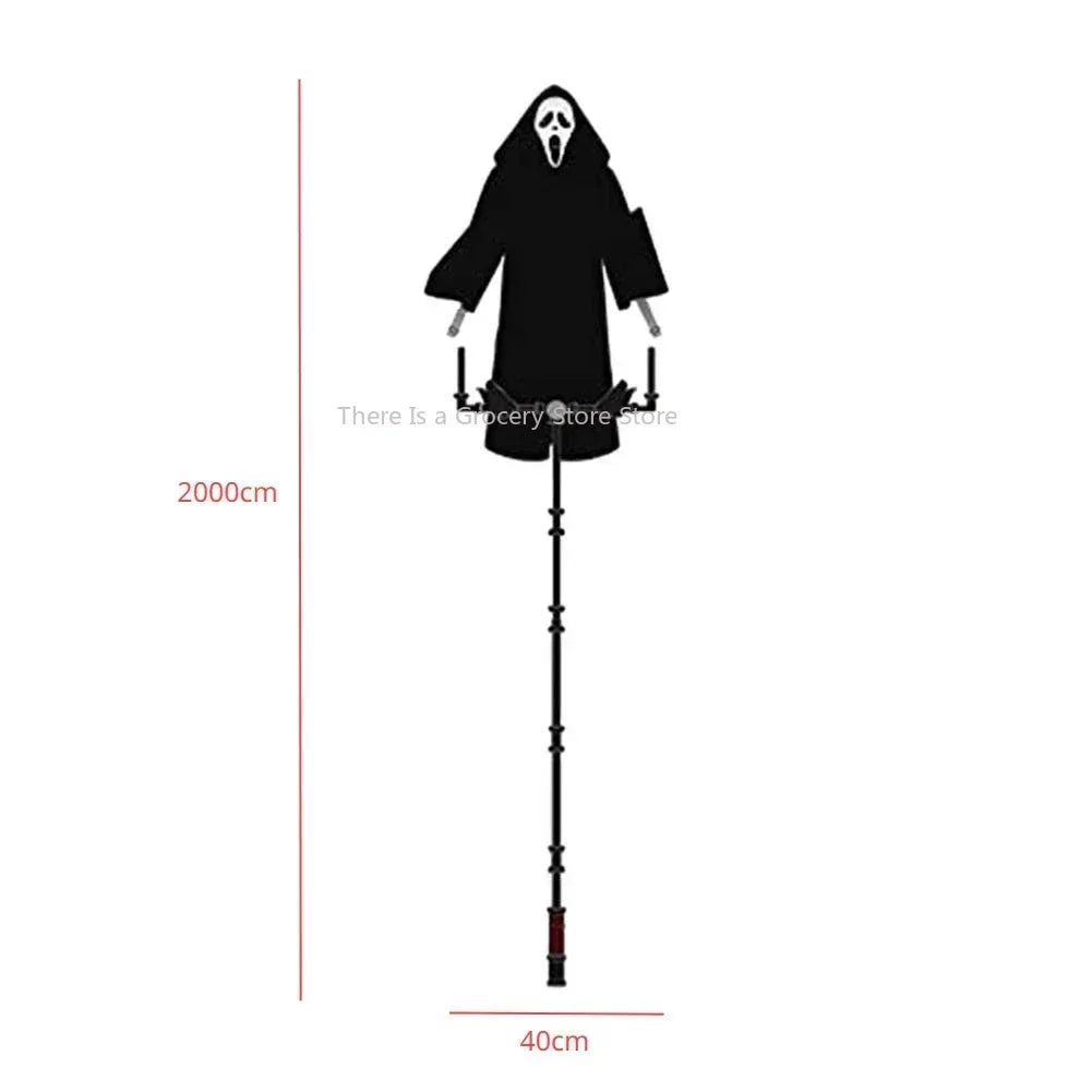 Personnage type Scream avec oiseau sur l'épaule le tout surélevé pour une réelle impression de lévitation.