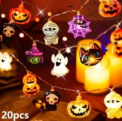 Guirlande LED Halloween - Motifs Citrouilles, Fantômes & Squelettes - Alimentée par Batterie