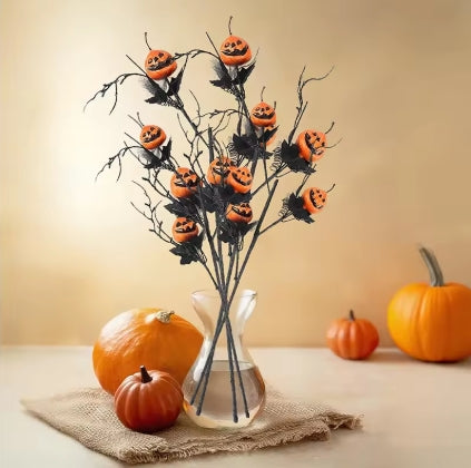 Branches Décoratives Halloween Artificielles - Citrouilles Orange & Feuilles Noires