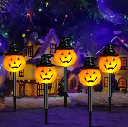 Kit 5 Lampes Solaires Citrouilles Halloween avec Chapeaux Sorcière