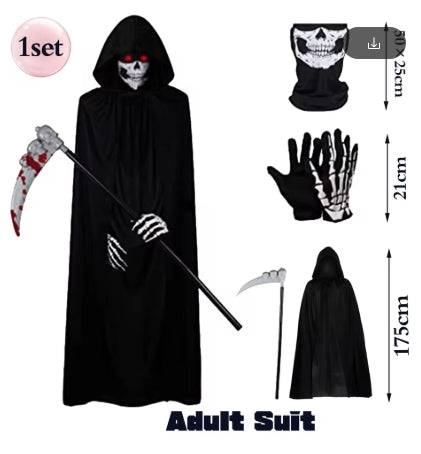 Costume Complet Faucheuse Halloween - Cape Capuche + Masque Crâne + Gants + Faux + Adulte/Enfant