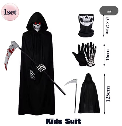 Costume Complet Faucheuse Halloween - Cape Capuche + Masque Crâne + Gants + Faux + Adulte/Enfant