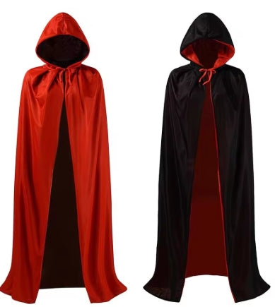Cape Halloween Réversible Noire/Rouge - Capuche Col Montant - Vampire Sorcier - Adulte/Enfant