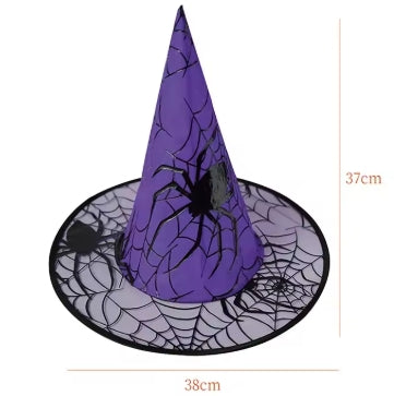 Chapeau Sorcière Halloween Motifs Araignées - 7 Couleurs - Gaze Légère 37cm - Accessoire Cosplay