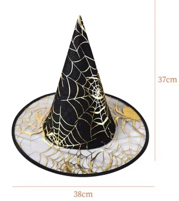 Chapeau Sorcière Halloween Motifs Araignées - 7 Couleurs - Gaze Légère 37cm - Accessoire Cosplay