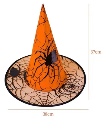 Chapeau Sorcière Halloween Motifs Araignées - 7 Couleurs - Gaze Légère 37cm - Accessoire Cosplay