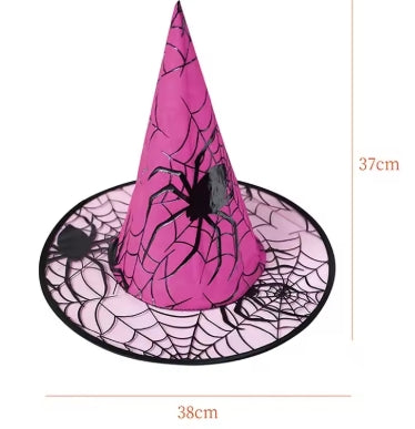 Chapeau Sorcière Halloween Motifs Araignées - 7 Couleurs - Gaze Légère 37cm - Accessoire Cosplay