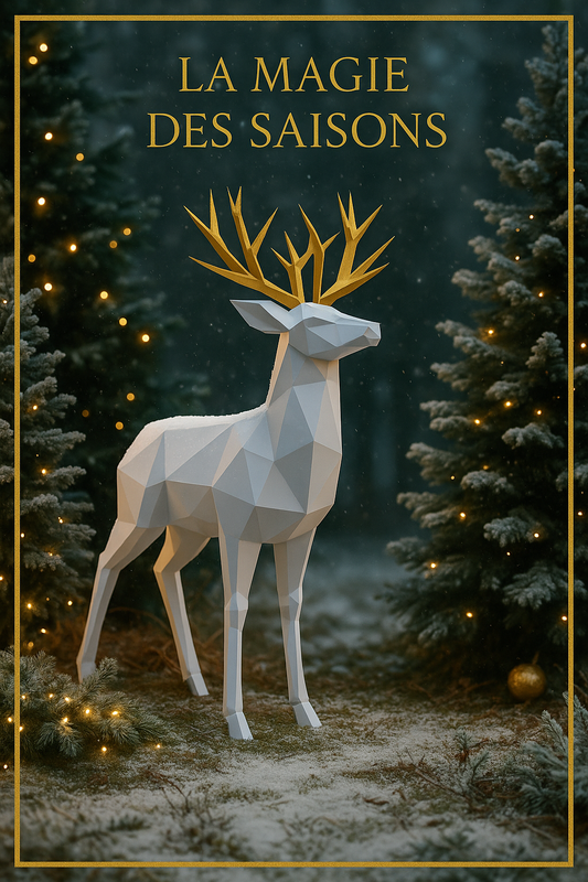 Cerf de Noël Origami 3D - Sculpture Décorative Géométrique Blanc et Or
