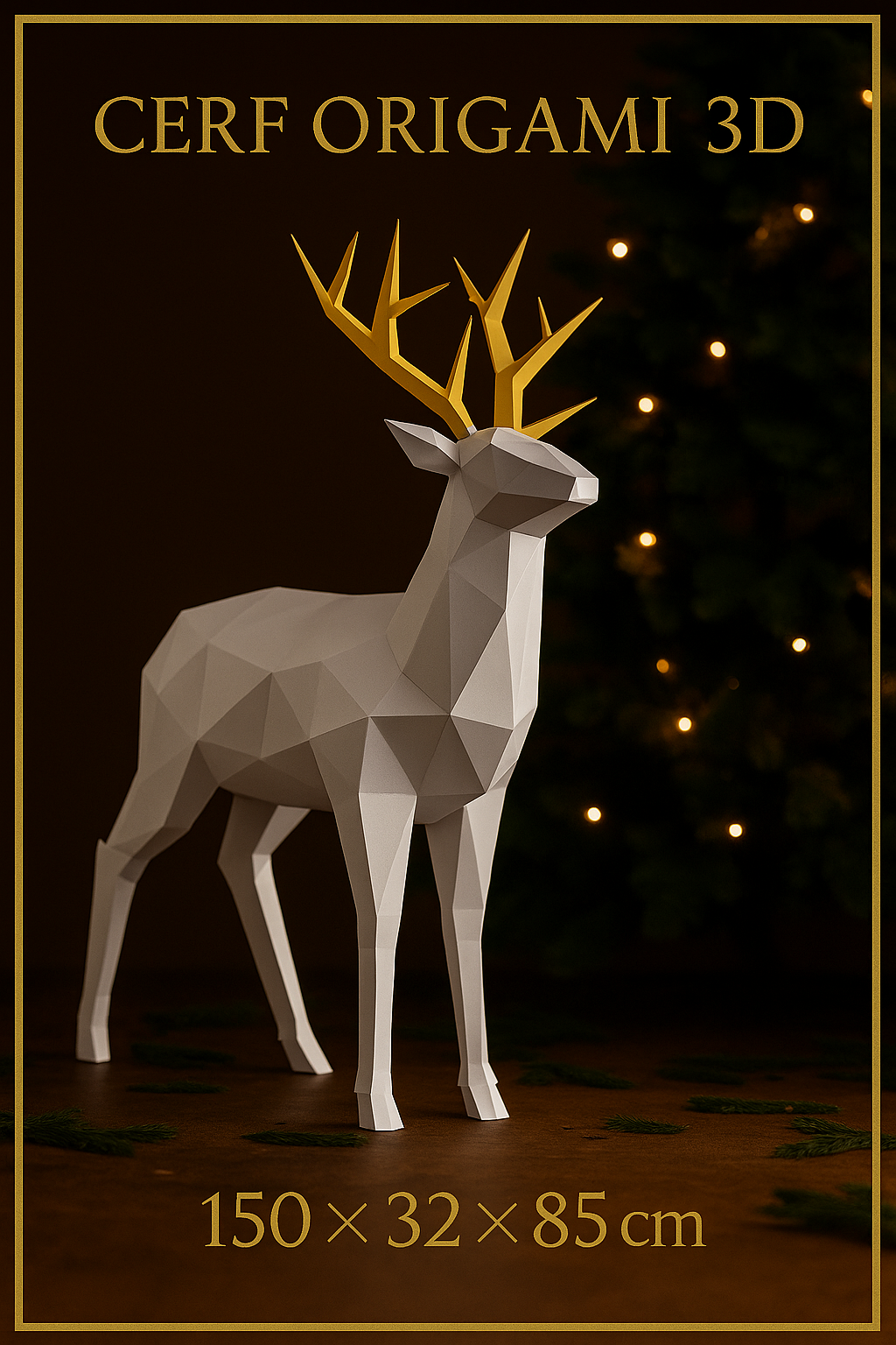 Cerf de Noël Origami 3D - Sculpture Décorative Géométrique Blanc et Or
