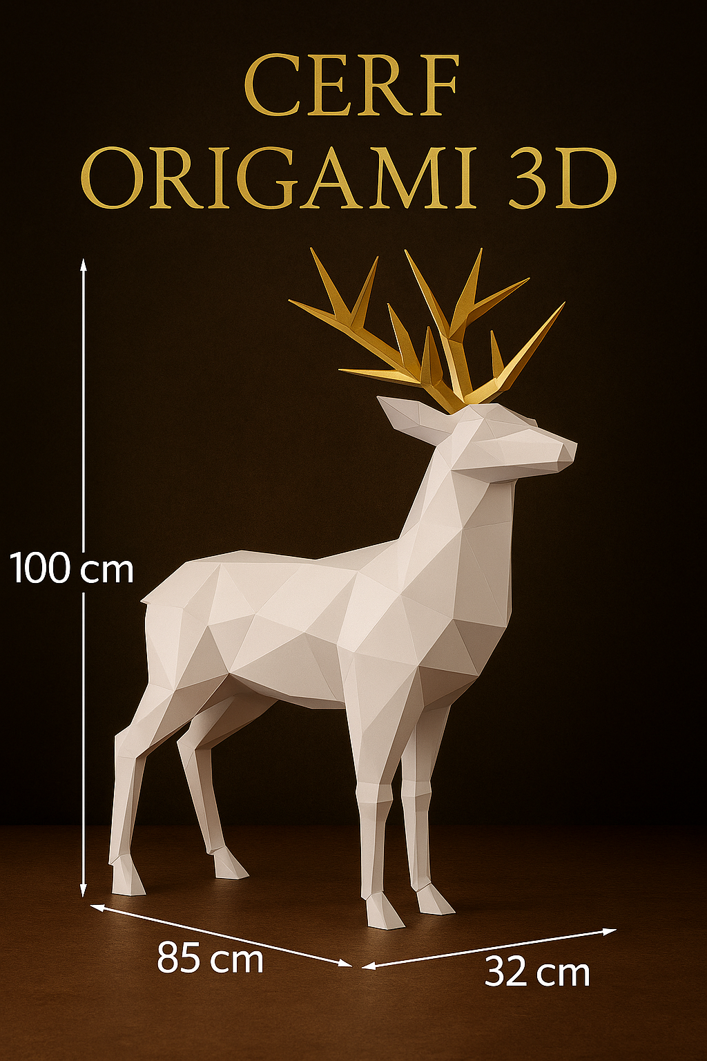 Cerf de Noël Origami 3D - Sculpture Décorative Géométrique Blanc et Or