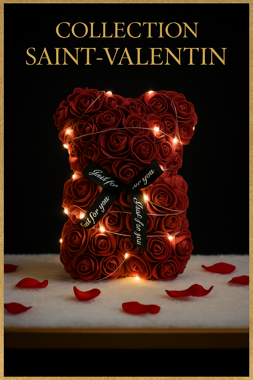 Ourson Lumineux en Roses Artificielles 25cm avec Boîte Cadeau - Cadeau Romantique Saint Valentin