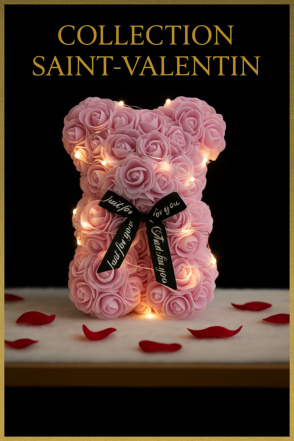 Ourson Lumineux en Roses Artificielles 25cm avec Boîte Cadeau - Cadeau Romantique Saint Valentin