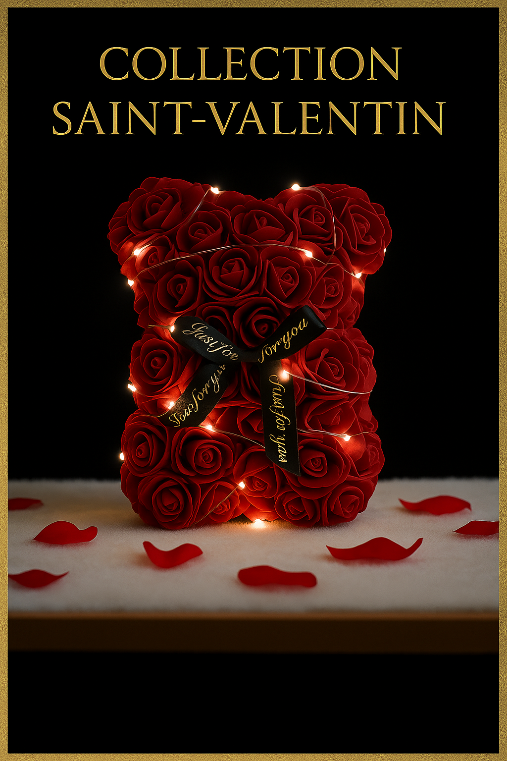 Ourson Lumineux en Roses Artificielles 25cm avec Boîte Cadeau - Cadeau Romantique Saint Valentin