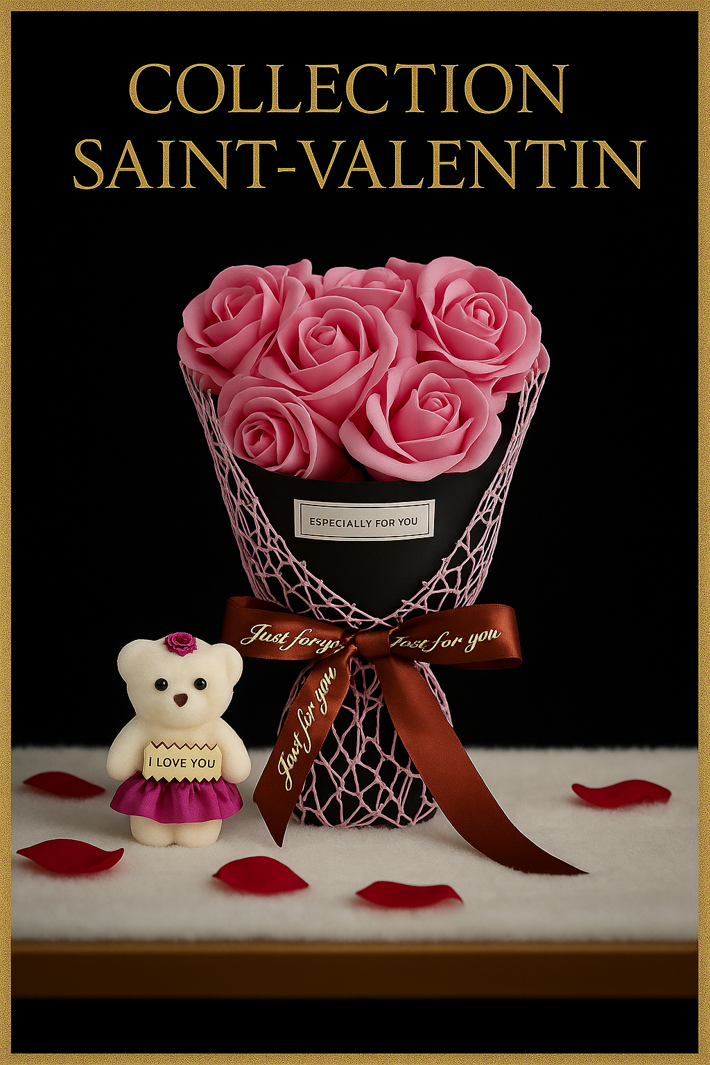 Bouquet de 7 Roses Artificielles avec Petit Ourson en Coffret Cadeau - Cadeau Saint Valentin