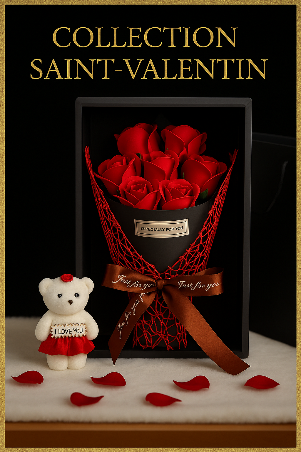 Bouquet de 7 Roses Artificielles avec Petit Ourson en Coffret Cadeau - Cadeau Saint Valentin