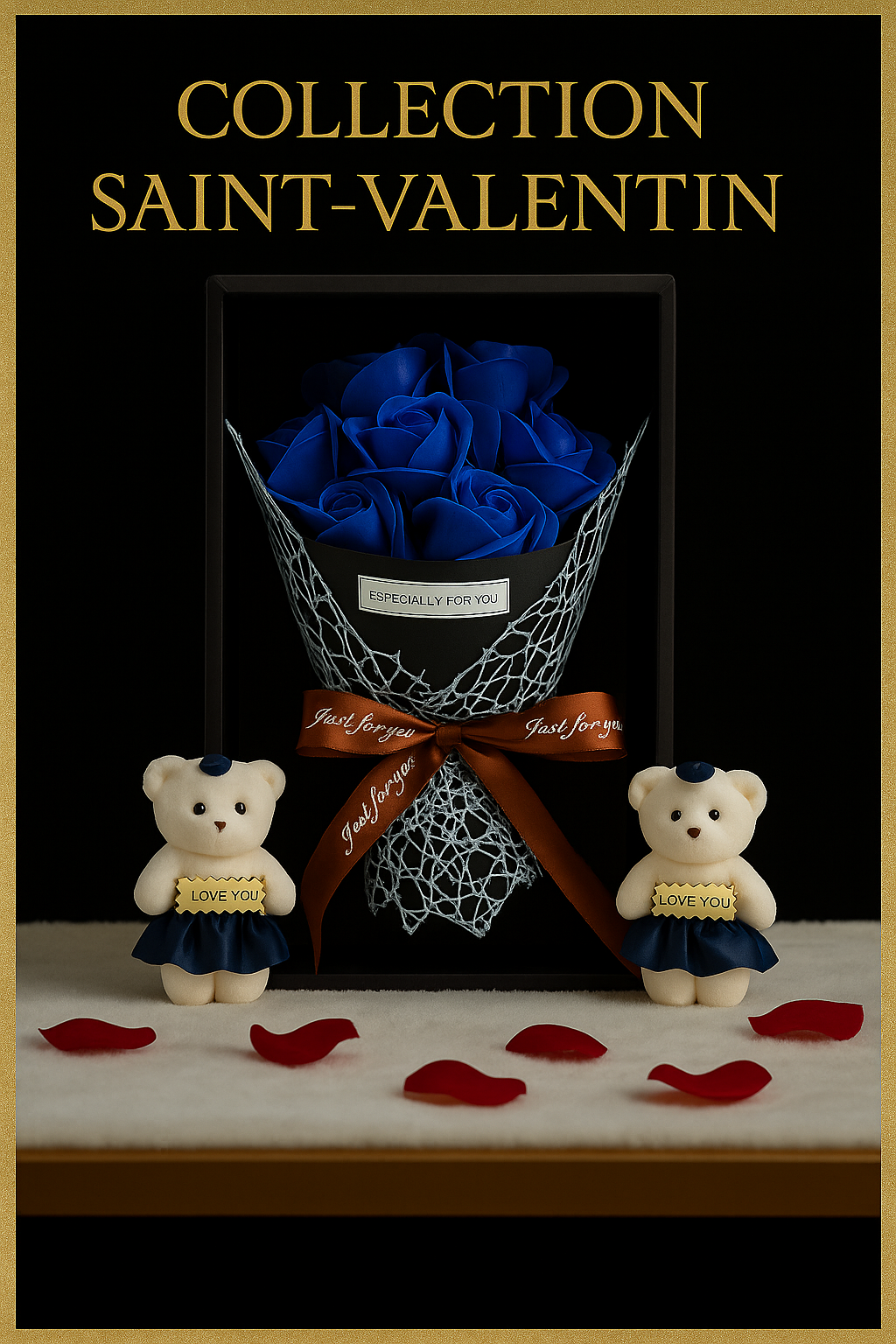 Bouquet de 7 Roses Artificielles avec Petit Ourson en Coffret Cadeau - Cadeau Saint Valentin