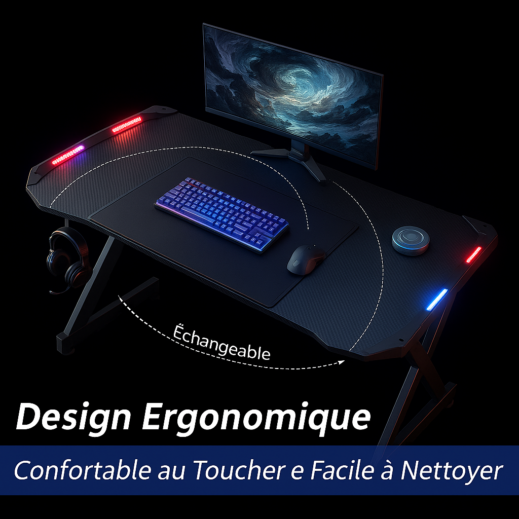 Bureau Gaming RGB LED - Design Ergonomique avec Éclairage Automatique