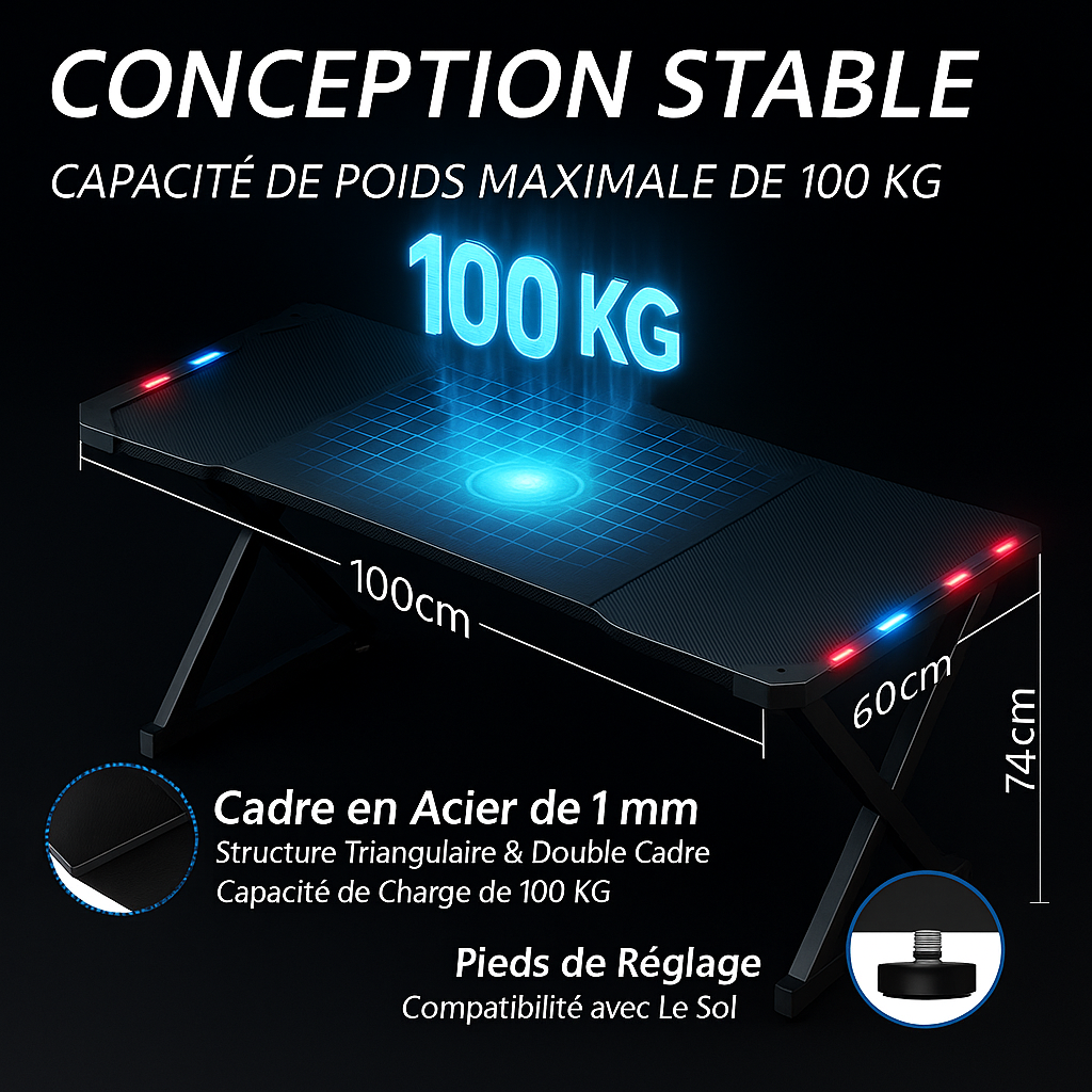 Bureau Gaming RGB LED - Design Ergonomique avec Éclairage Automatique