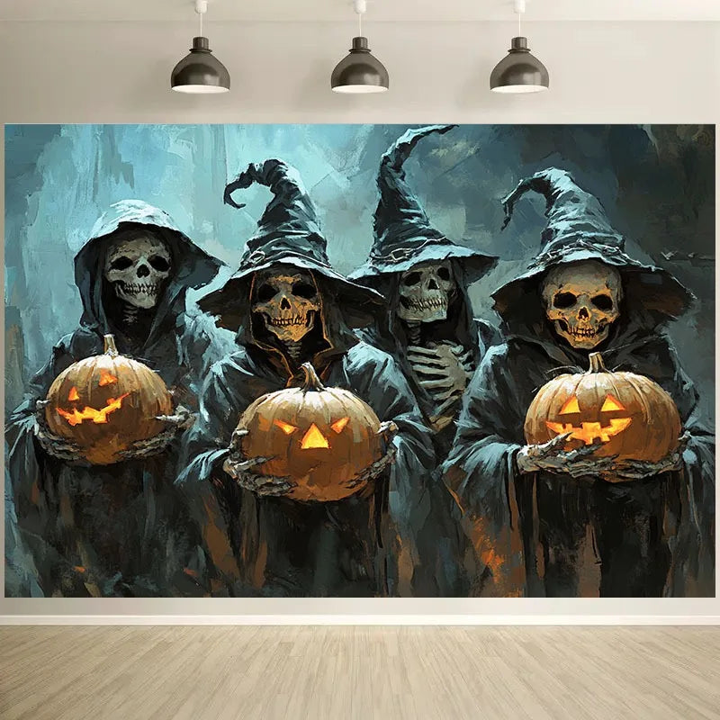 •Toile de fond effrayante pour Halloween : squelettes avec chapeaux et citrouille.
•En Polyester
•Lavable en machine jusqu'à 30 ° maximum.