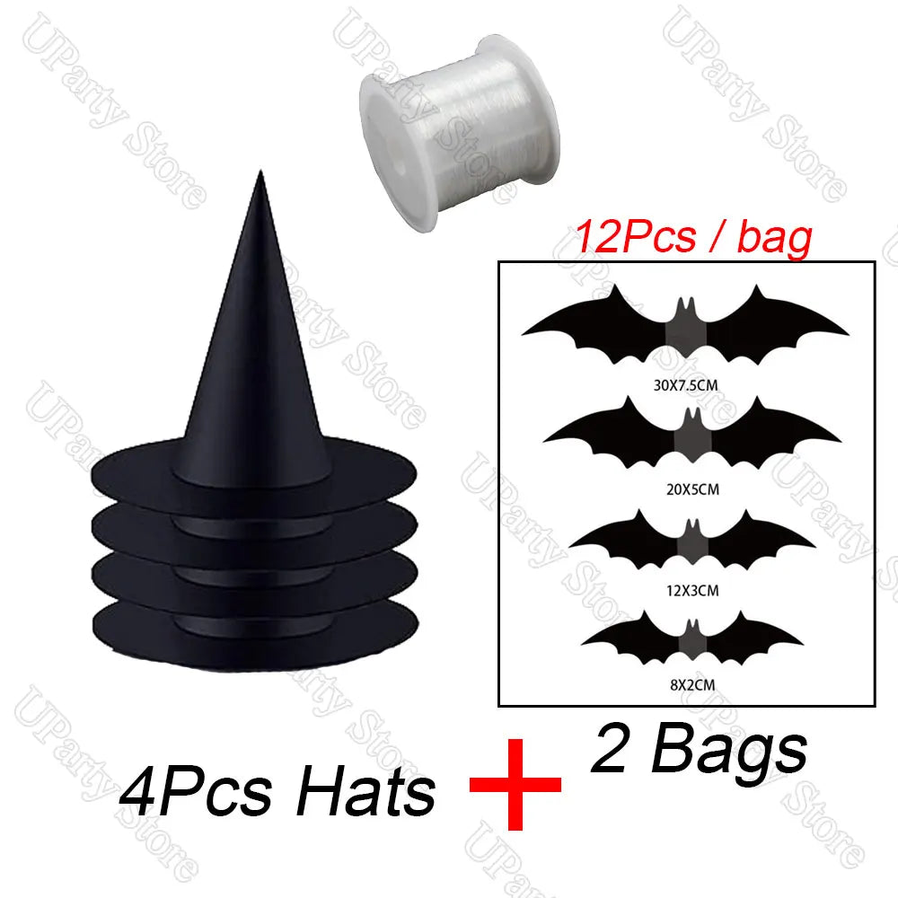 6/12Pcs Chapeaux de sorcières noires pour Halloween, pièces, avec corde