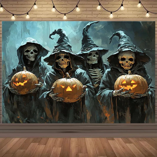 •Toile de fond effrayante pour Halloween : squelettes avec chapeaux et citrouille.
•En Polyester
•Lavable en machine jusqu'à 30 ° maximum.