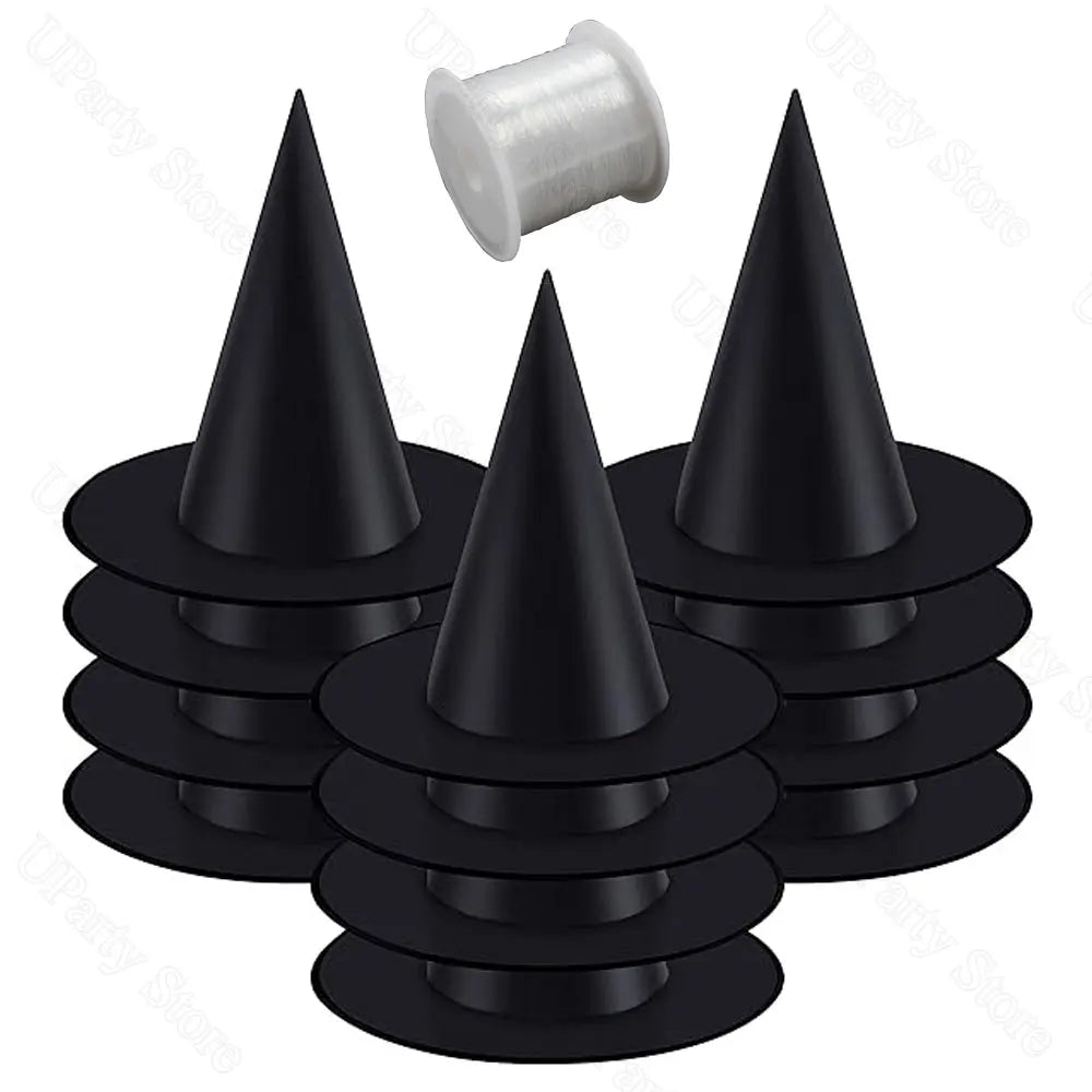 6/12Pcs Chapeaux de sorcières noires pour Halloween, pièces, avec corde