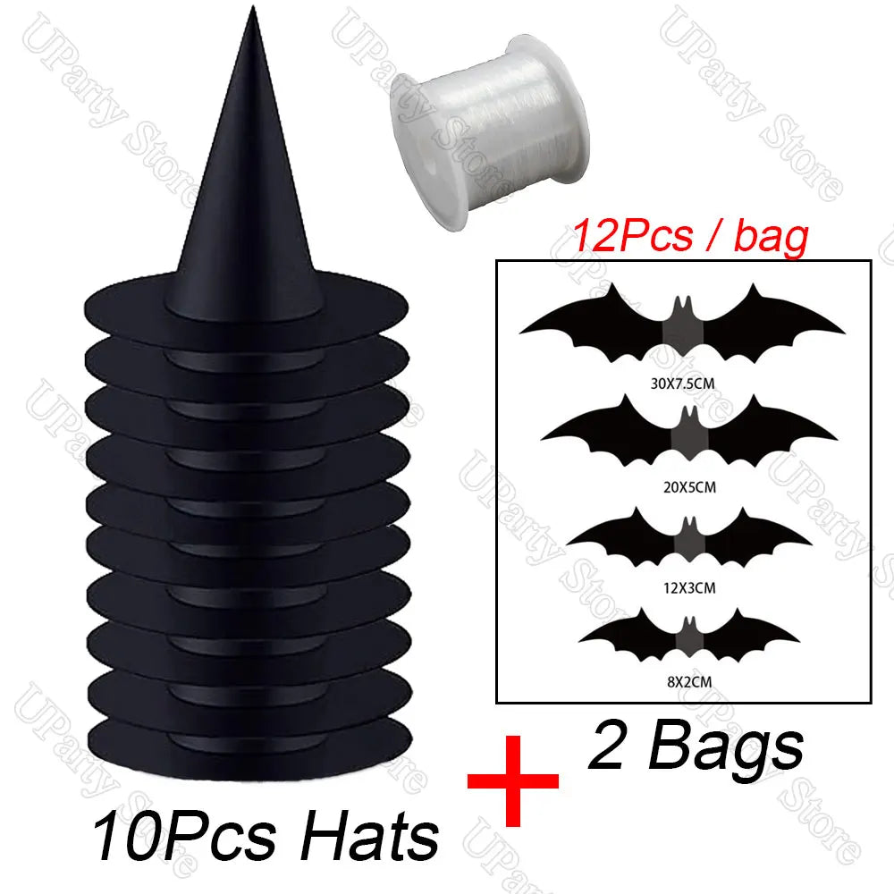 6/12Pcs Chapeaux de sorcières noires pour Halloween, pièces, avec corde