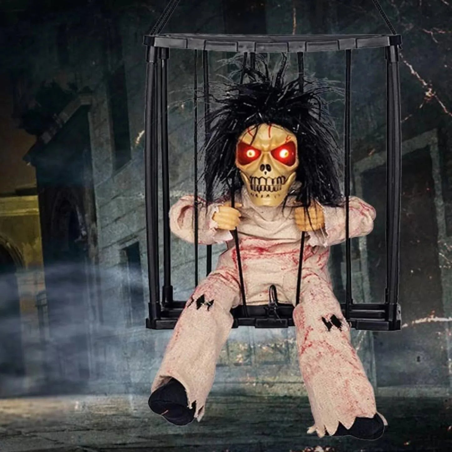 Squelette enfant brillant, Cage suspendue, effets sonores effrayants, décoration de fête d'horreur