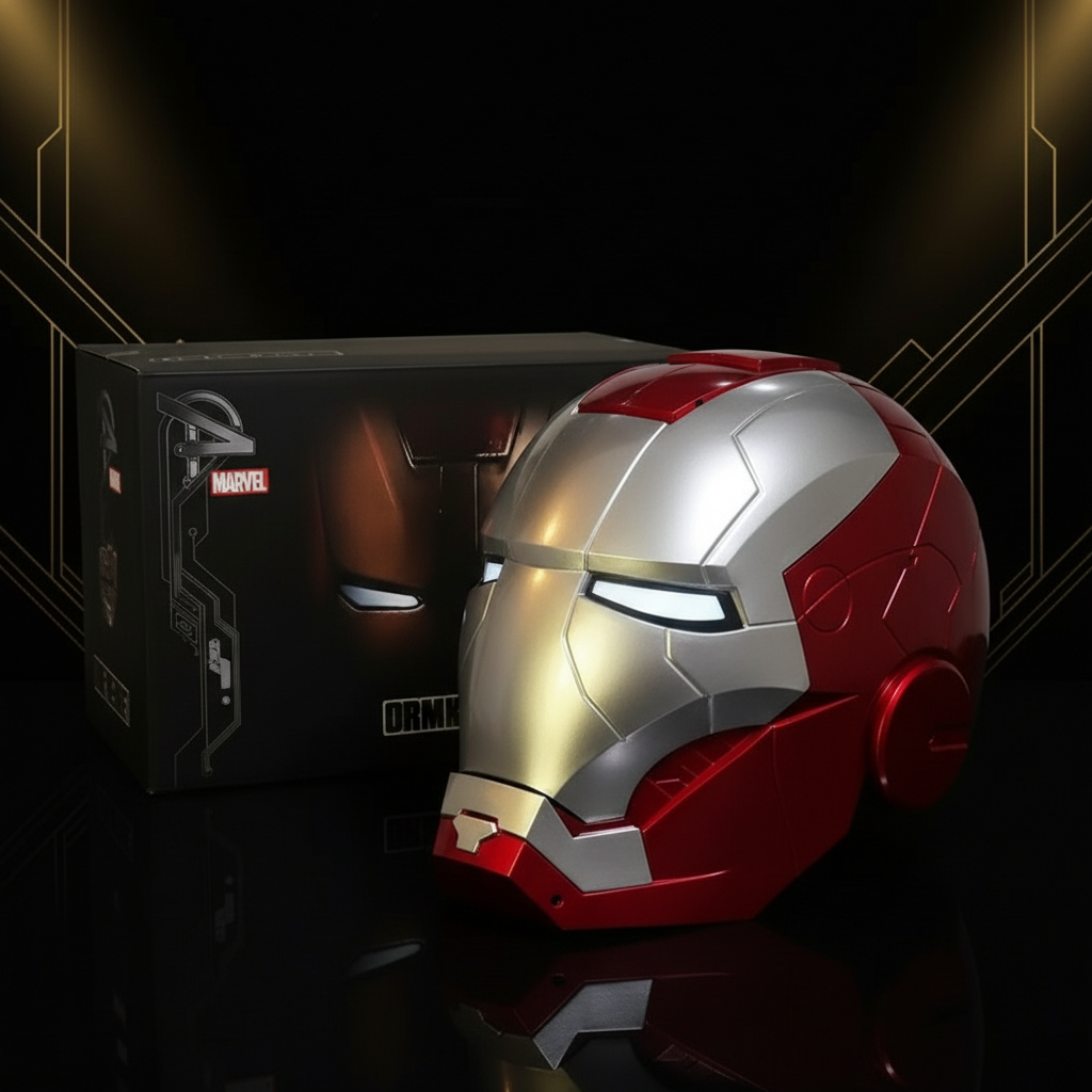 Casque Iron Man rouge et argenté - Même fond que le masque doré