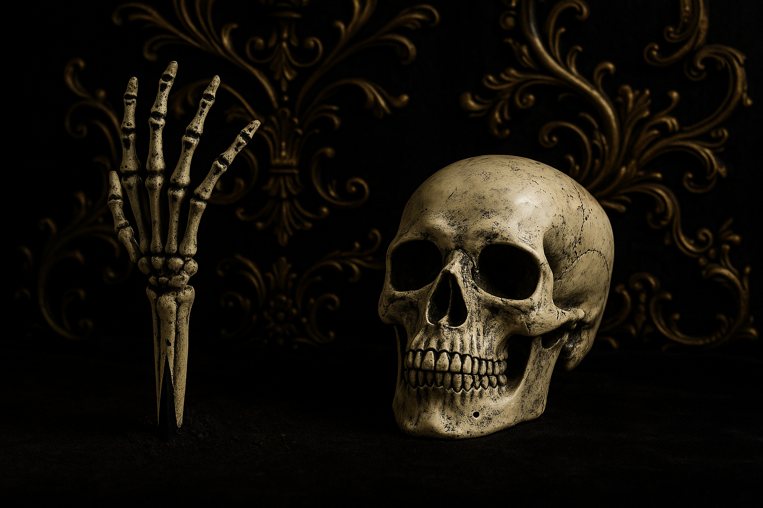 Ensemble squelette sur fond velours noir avec ornements baroques