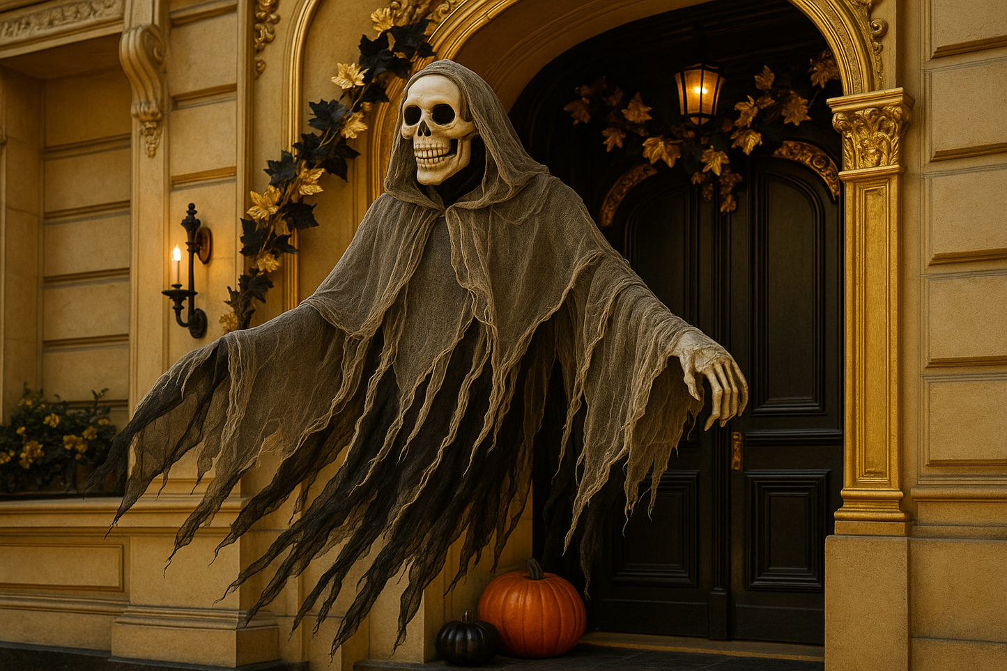 Fantôme squelette sur porche français sophistiqué