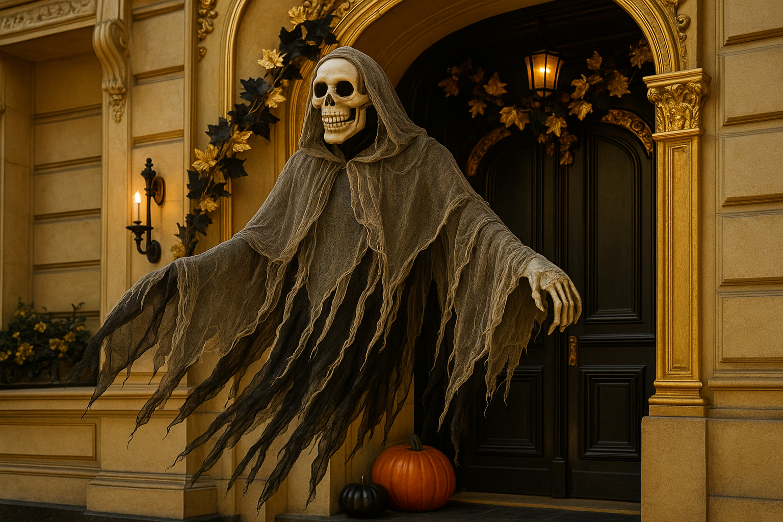 Fantôme squelette sur porche français sophistiqué