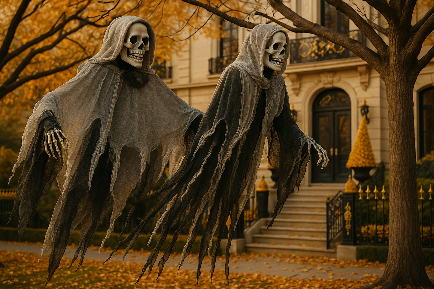 Fantômes squelettes dans jardin français noir et or