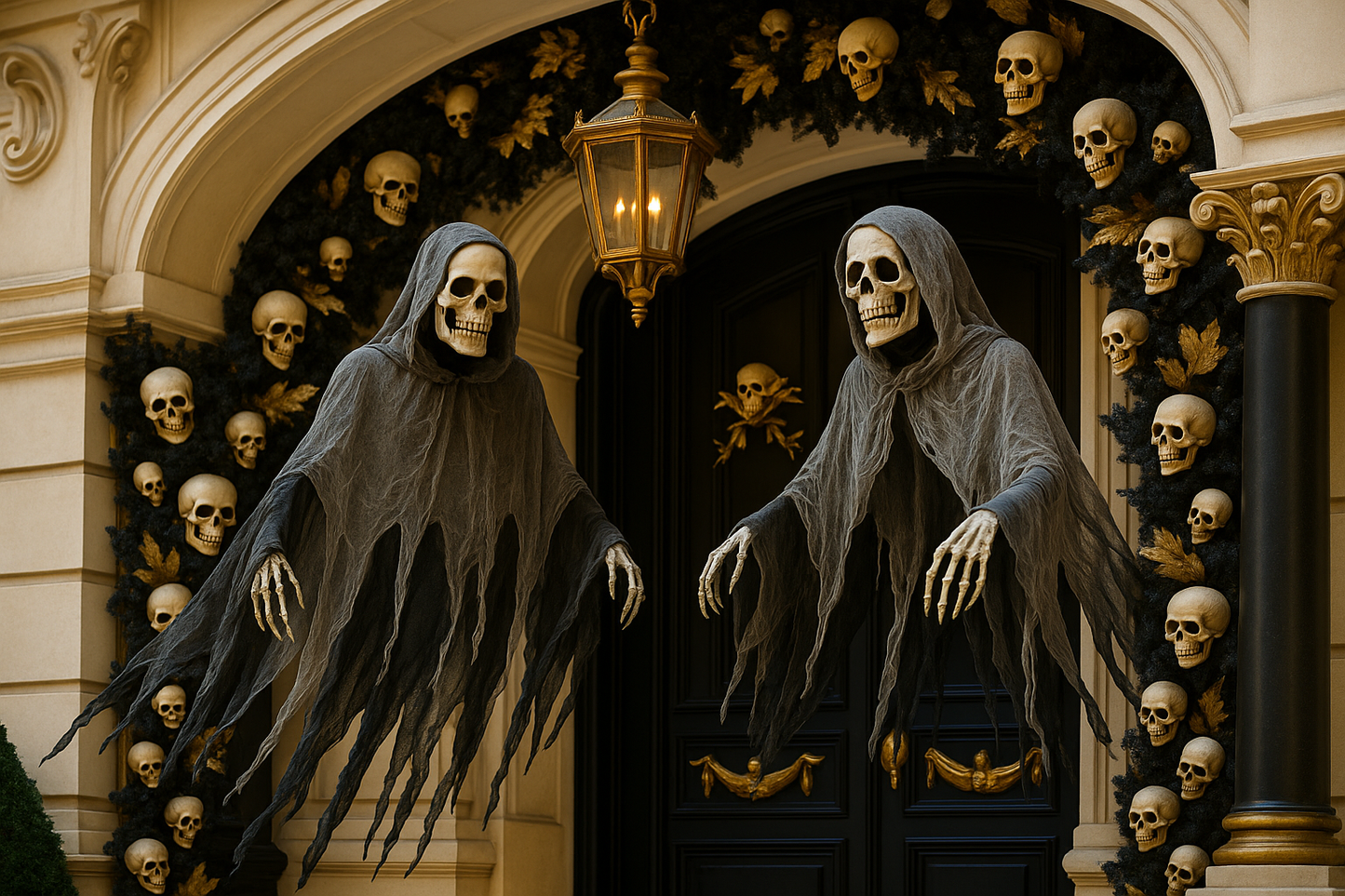 Fantômes squelettes sur porche français avec décoration noir et or