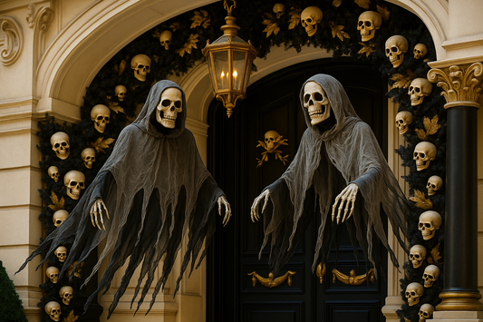 Fantômes squelettes sur porche français avec décoration noir et or