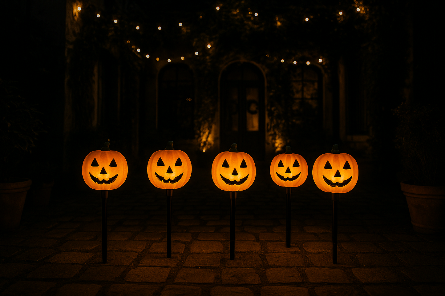 Lampes classiques dans patio français nocturne