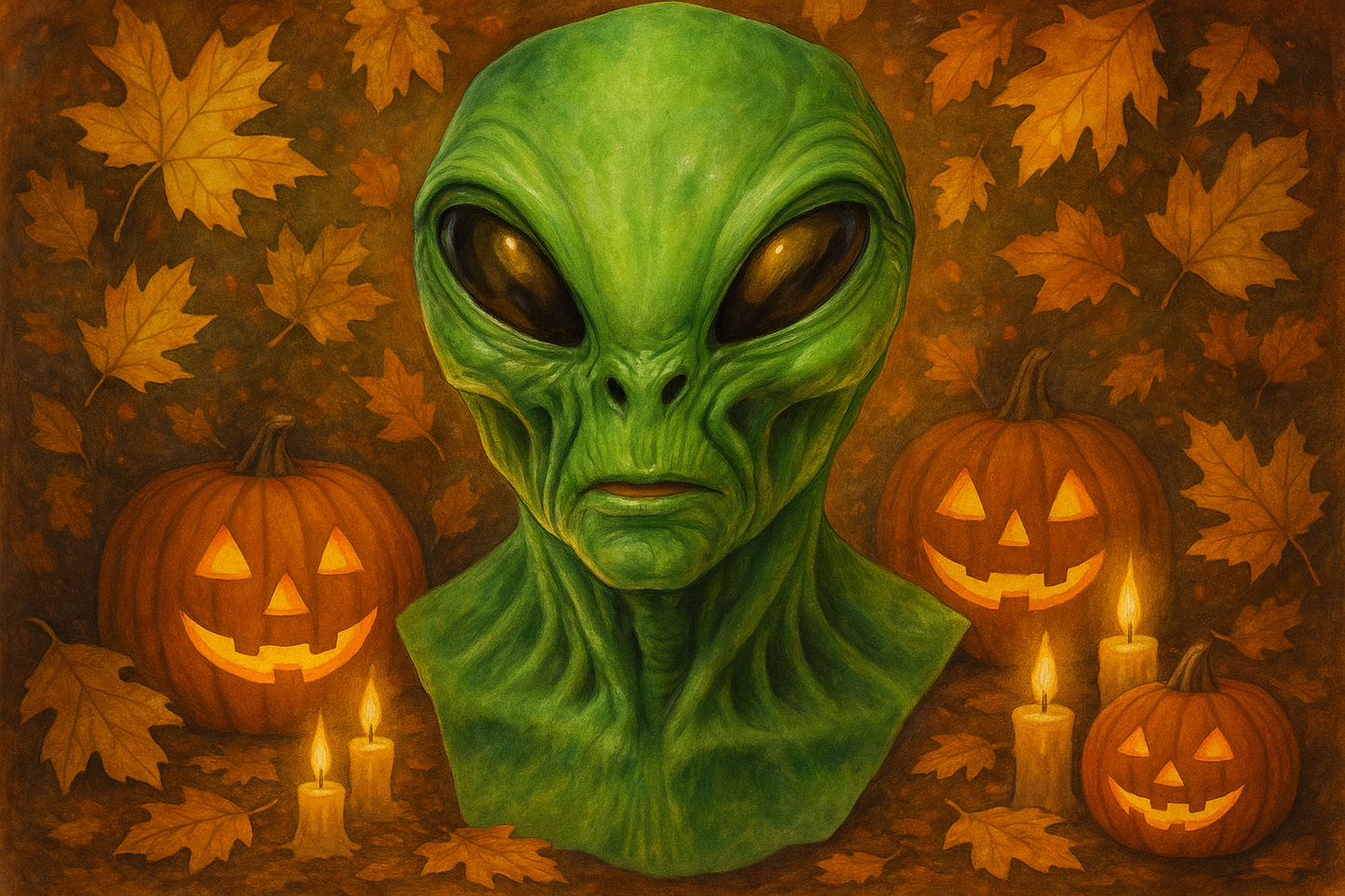Masque alien vert ambiance automnale
