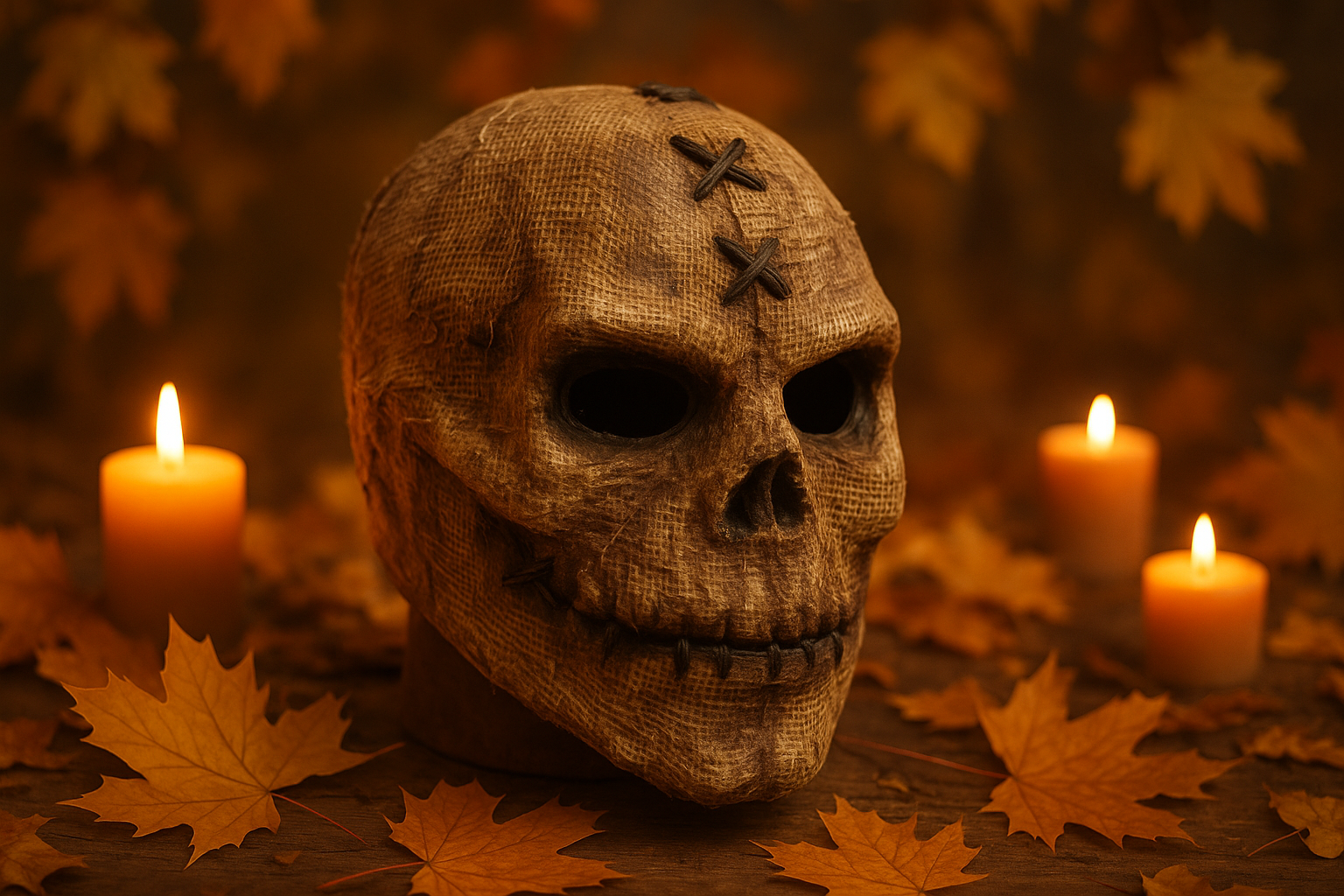 Masque latex toile de jute - ambiance automnale