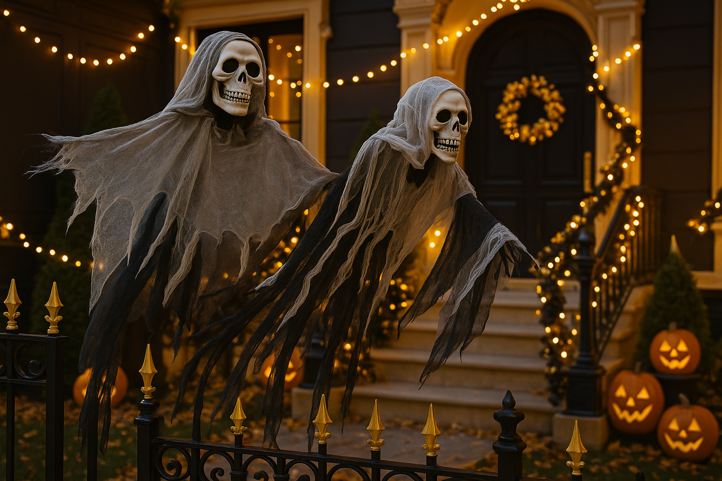 Mise en scène spectaculaire des fantômes squelettes dans cour française