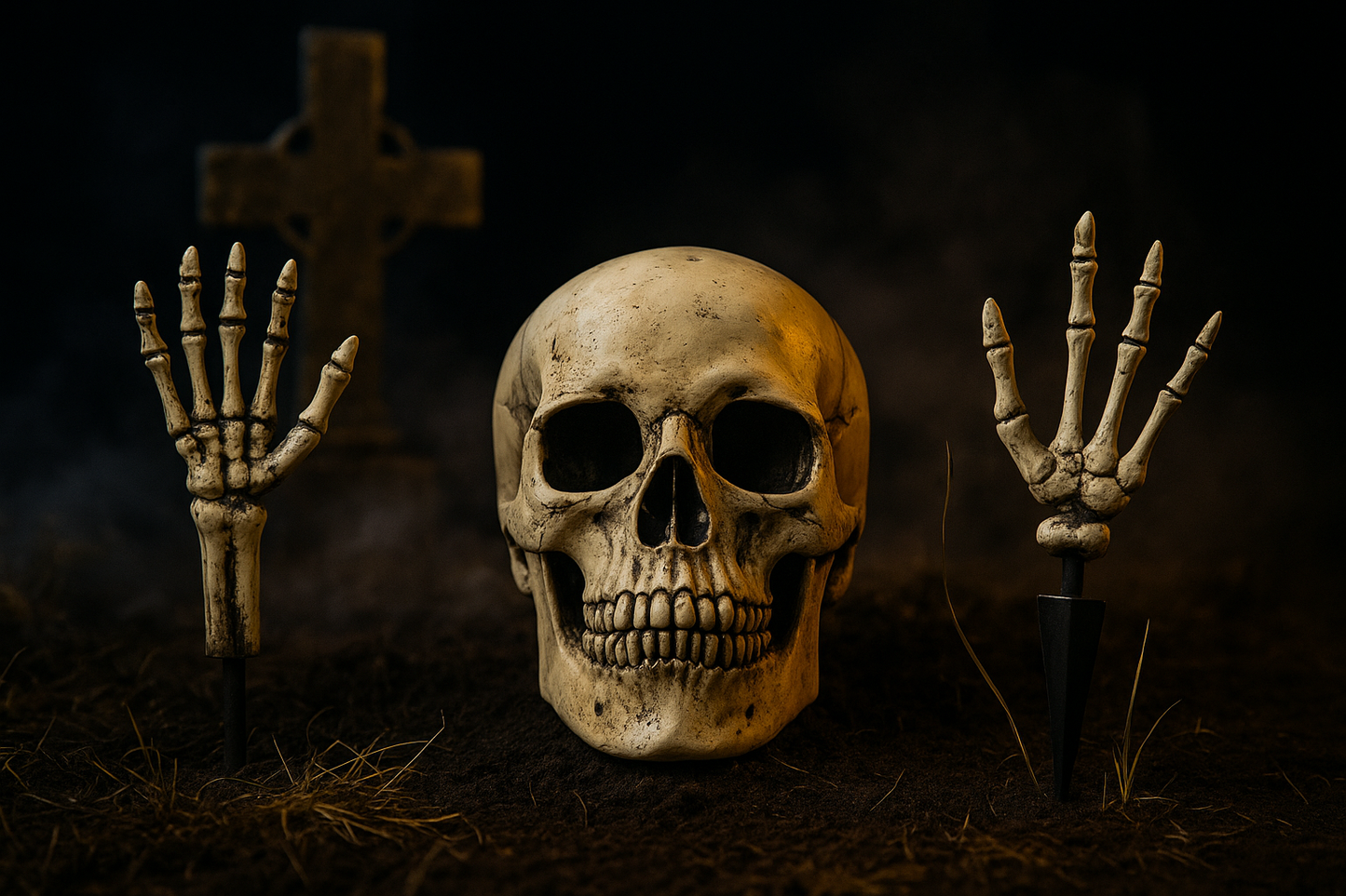 Scène de cimetière français avec crâne et bras squelettes