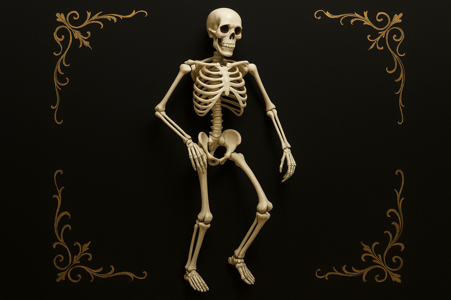 Squelette articulé blanc sur fond noir élégant