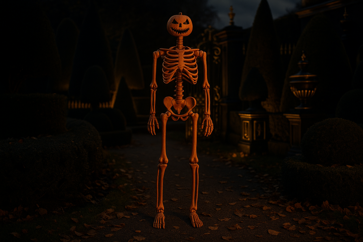 Squelette articulé dans jardin français noir et or