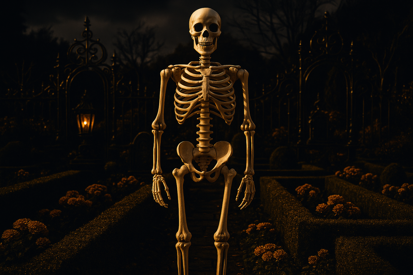 Squelette classique blanc dans jardin français noir et or
