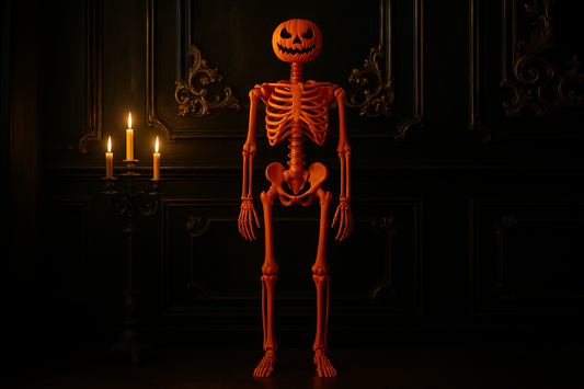 Squelette tête de citrouille dans décor français chic